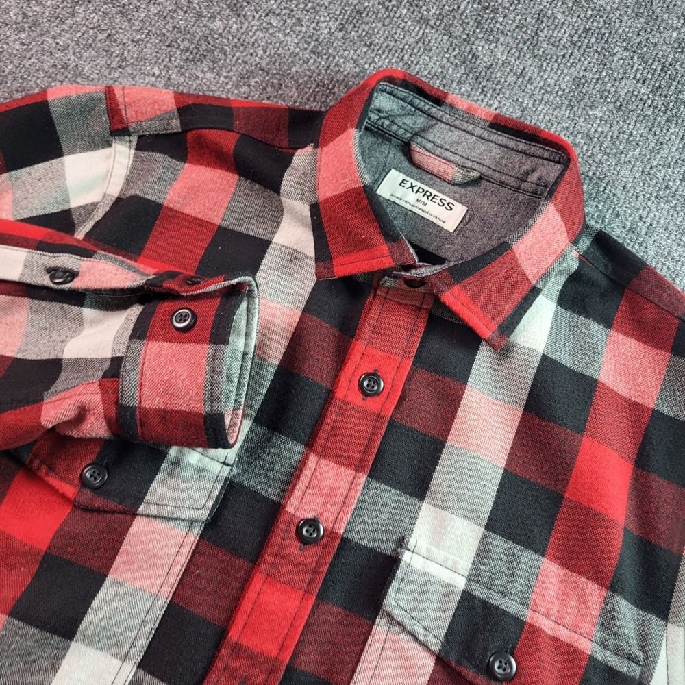 EXPRESS Mens Flannel Shirt Red‎ Black White Plaid Long Sleeve Button Up M Medium
